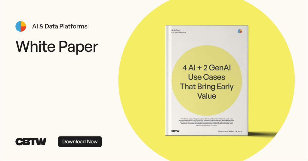 Banner to download a White Paper on use-case examples bringing early business value in a well designed AI strategy