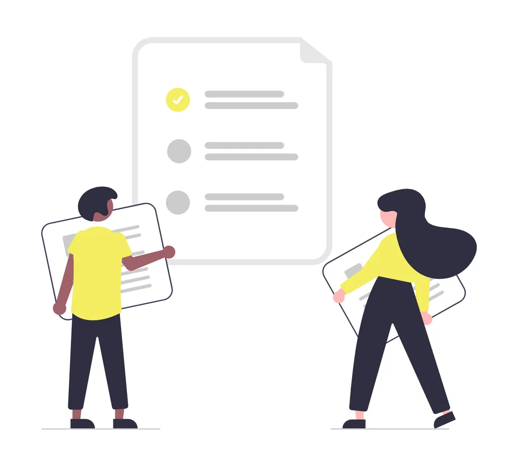 Minimalist illustration of a person in a black suit with a yellow tie, holding documents and organizing tasks or workflows represented by floating icons and arrows. Used in the context of AI for Product Owners.