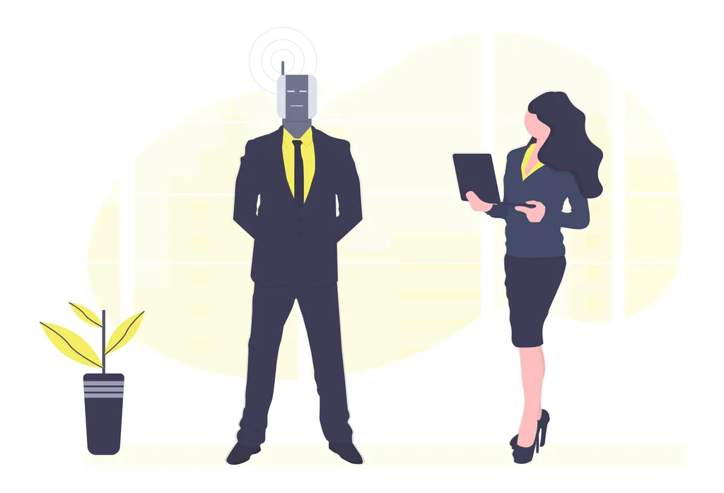 Illustration of a businesswoman holding a tablet and interacting with a humanoid robot in a suit, symbolizing collaboration between humans and AI in a professional setting. Used in the context of AI for Product Owners.