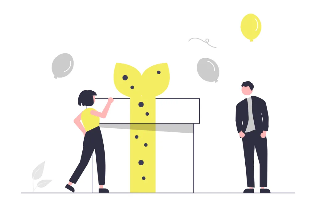 Minimalist illustration of a woman and a man standing next to a large gift box wrapped with a big yellow bow, surrounded by floating balloons, suggesting celebration or surprise. Used in the context of AI for Product Owners.