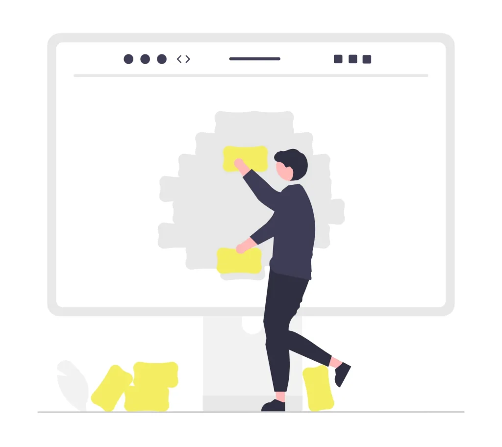Flat-style illustration of a person in a suit with a yellow tie, holding a document and managing tasks or workflows represented by floating icons, arrows, and highlighted areas. Used in the context of AI for Product Owners.