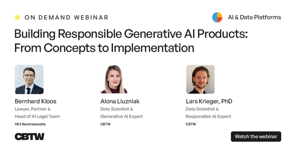 Banner with a title and speakers redirecting to the on-demand webinar on Building Responsible GenAI Product from CBTW
