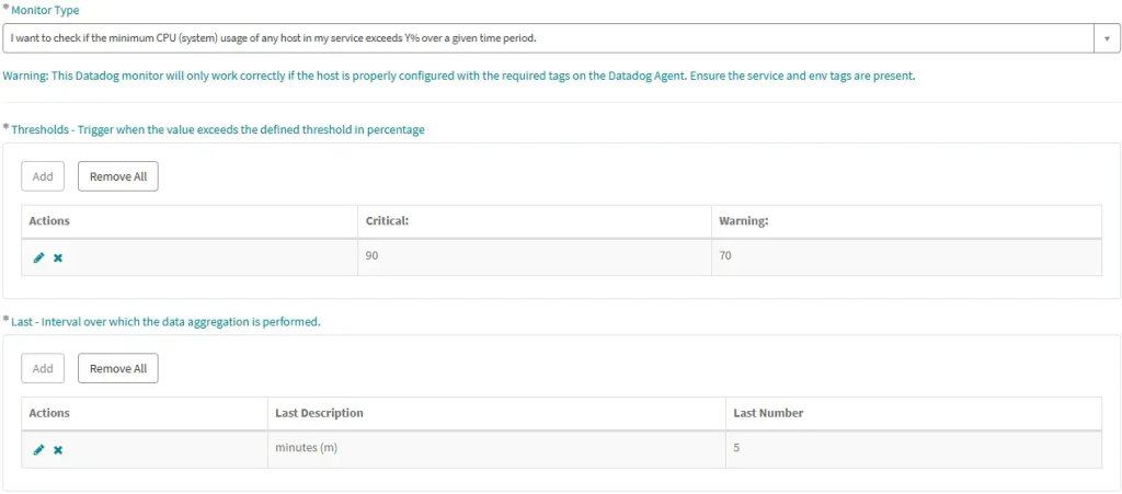 Example of Datadog monitor configuration with warning and critical thresholds and a five-minute interval